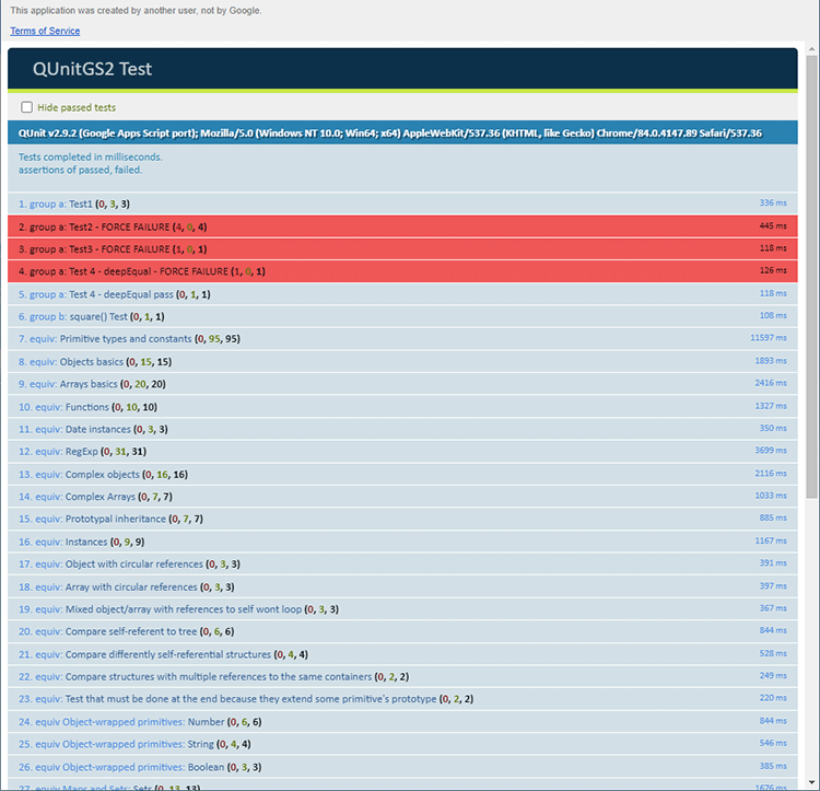 Example of QUnitGS2 test suite results.