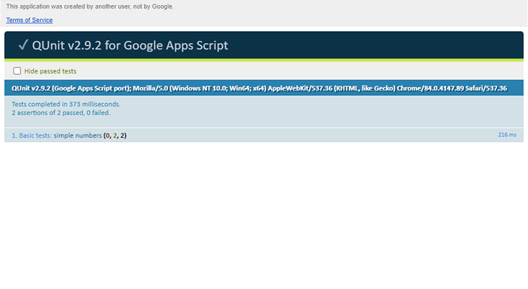 All tests passing in QUnit for Apps Script